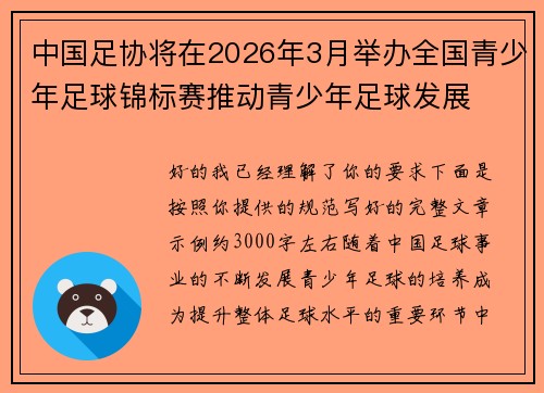 中国足协将在2026年3月举办全国青少年足球锦标赛推动青少年足球发展