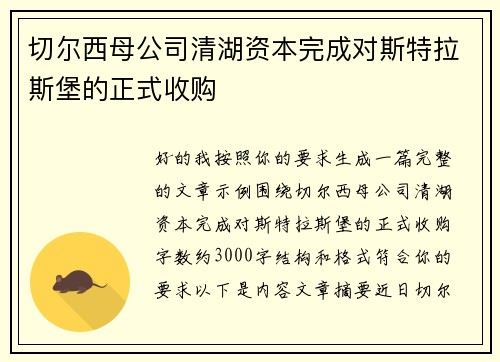 切尔西母公司清湖资本完成对斯特拉斯堡的正式收购