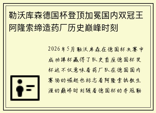 勒沃库森德国杯登顶加冕国内双冠王阿隆索缔造药厂历史巅峰时刻